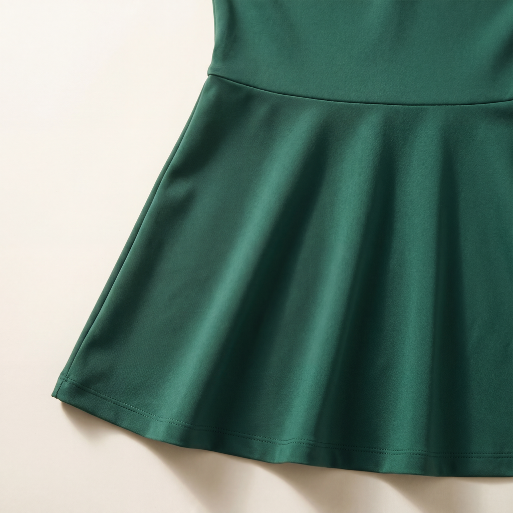 Close-up of The Court Dress in Forest skirt fabric, waist seam, hem stitching, and A-line drape.