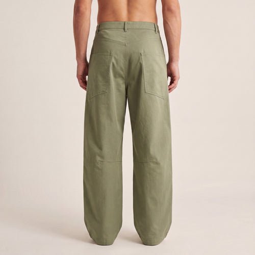 The Barrel Pant in Gray Green, back on-body view showing rear patch pockets and the full barrel-leg silhouette.